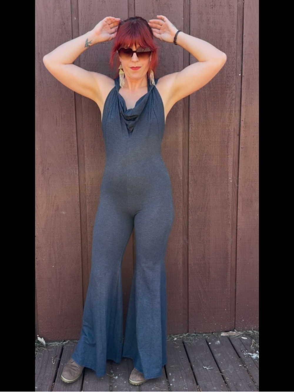 Stretchy Denim Jumpsuit - Backless Halter Wide-Leg - Picture 5 of 8